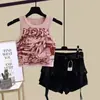 Traje de Trabajo para Niñas Verano Nuevo Tallas Mediana y Grande Estampado de Cómics Camisola Shorts de Mezclilla Conjunto de Dos Piezas para Niñas