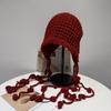 Gorro de Tricô Atmosférico Vermelho, Chapéu Estilo Sichuan para Mulheres, Borla Vazado Circunferência de Cabeça Grande Viagem e Caminhada Chapéu de Lã