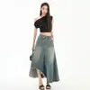 Falda de Mezclilla Naranja Infantil # Borde Crudo Irregular para Mujer, Holgada y Ajustada, Diseño Lavado y Desgastado, Falda Larga Versátil de Corte A