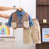Terno de Primavera e Outono para Meninos 2025 Novo Estilo Bebê Menino Camisa Jeans de Manga Longa Suéter Conjunto de Três Peças Casual Roupa Infantil