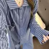 Pijama de Rayas Azules Contrastantes Estilo Coreano para Mujer, Conjunto de Dos Piezas de Cardigan de Manga Larga con Solapa para Otoño e Invierno, Ropa de Casa Cálida que se Puede Usar Afuera