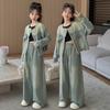 Conjunto de Verão para Meninas 2024 Nova Moda Meninas Estilo Coreano Crianças Médias e Grandes Conjunto Jeans Cor Degradê Moda Infantil
