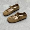 Sapatos redondos artísticos de couro de coelho fofo 2023 primavera e verão novos com fivela plana, sola macia, couro bovino, sapatos femininos