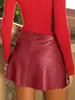 Falda Corta de Cuero PU Color Vino Tinto Oscuro Nueva Otoño/Invierno 2026, Estilo Transfronterizo Europeo y Americano, Falda de Mujer de Cintura Alta Estilo A, Adelgazante