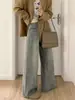 Calça Larga Azul Claro Desfiada, Jeans Reto Estilo Outono Retro para Mulheres, Tamanhos Grandes, Caimento Relaxado, Cintura Alta, Calça Emagrecedora