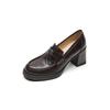 Mocassins de Cabra Muito Texturizados Moeda Dourada Salto Alto Grosso Primavera 2024 Bico Redondo Couro Genuíno Completo Sapatos de Couro Pequenos Sapatilhas de Boca Profunda para Mulheres