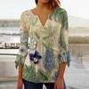 Moda Feminina Primavera e Verão 2023 Transfronteiriça Europeia e Americana Nova Blusa com Estampa Floral Decote V Manga Sete Camiseta Base