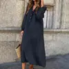 Vestido Novo Versátil de Meio Comprimento com Decote V e Manga Longa para Primavera e Outono, Saia de Algodão e Linho, Vestido Soltinho Plus Size Feminino que Esconde a Figura