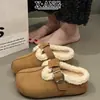 Sapatos Femininos Estilo Birkenstock com Solado Grosso de Couro, Forrados com Lã e Espessados para Aquecimento, Sapatos de Algodão com Bico Fechado Meia Pantufa, Sapatos de Pelo de Lã de Cordeiro