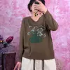 Suéter de Tricô Digital Estampado com Decote V Novo para Primavera de 2026 para Mulheres, Manga Longa, Caimento Solto, Emagrecedor, Suéter Top Estilo Commuter