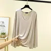 Camiseta Modal com Decote V e Manga Longa para Mulheres na Primavera e Verão, Cor Lisa, Estilo Fino, Barra com Fenda, Camisa para Camadas, Top Casual e Versátil