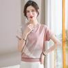 Camiseta de manga corta de punto estilo occidental para madres, elegante camiseta antiedad de cuello redondo de seda helada para mujeres de mediana edad y mayores, estilo nuevo de verano
