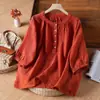 Nueva blusa de verano retro de algodón y lino de color sólido, de manga corta, holgada y versátil, estilo étnico, con cuello redondo y cuello redondo.