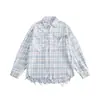 Nanxia Qiaozhuang Nueva Camisa de Hombre Vintage Desgastada con Dobladillo Deshilachado Cuadros de Bambú Azul Manga Larga Estilo Retro Americano