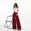 Jeans American Retro Angola Vermelho Perna Larga Feminino Cintura Alta Emagrecimento Moda Drapê Casual Versátil Calça Comprida