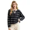 Nuevo suéter de punto a rayas de otoño europeo y americano para mujer, estilo casual versátil holgado, diseño de cuello redondo, top de manga larga