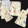 Conjunto de Pijama de Tres Piezas Simple Casual de Nube Verano Nuevo Manga Corta Shorts Pantalones Largos Ropa de Casa Delgada Verano Lindo