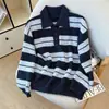 Novo top casual listrado estilo coreano para outono e inverno, suéter de gola dobrável relaxado, suéter de tricô solto para mulheres