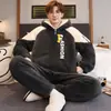 Pijama com Zíper Masculino Outono Inverno Coral Fleece Espessado Mais Veludo Quente Jovens Cardigan Roupas de Casa Conjunto Casual Masculino