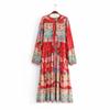 Roupa Feminina Europeia e Americana Transfronteiriça da Amazon Vestido Boho de Manga Comprida Evasê com Posicionamento Vestido Longo Estampado de Uma Peça