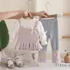 Conjunto de suéter para meninas outono e inverno novo estilo coreano malha camisola duas peças fofo estiloso roupas de bebê conjunto de três peças moderno