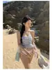 Traje de baño de dos piezas a cuadros fresco y simple estilo coreano, Bikini sexy sin tirantes y con espalda descubierta, Traje de baño de dos piezas para mujer para vacaciones en aguas termales
