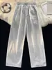Calça Casual Pesada Retro Americana Marca Tendência Reta Solta Calça Esportiva Caimento Corte Inclinado Cinza Calça de Moletom Masculina Primavera Outono
