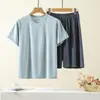 Pijama para Hombre Lyocell Adolescente Tencel Manga Corta Conjunto Ropa de Casa Holgada para Mujer Pantalones Cortos Sencillos Ropa de Verano