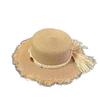 Sombrero de Paja para Vacaciones Borde Francés Lazo Concha Sombrero Plano para Playa Verano Puntada Dulce Color Sombrero de Paja Superior