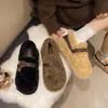 Zapatos Peludos de Lana de Cordero con Suela Gruesa para Mujer 2026 Nuevo Estilo Invierno Hebilla Color Maillard Acolchado Cálido de Algodón para Mujeres Embarazadas