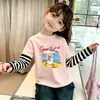 Nova Blusa de Manga Comprida Primavera/Outono para Meninas, Camisa Base Listrada com Estampa de Desenho Patchwork, Camiseta Estilosa de Algodão Puro para Bebê
