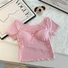 Coreano puro desejo vento! Doce elegante cruz de renda costura sentido V-Neck Design manga curta malha T-Shirt Top Feminino