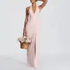 Moda Feminina Europeia e Americana Cruzada Nova Outono 2026: Vestido de Festa Elegante com Decote Halter Sexy e Fenda, Cor Sólida