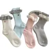 Calcetines de Lana de Media Pantorrilla con Botones y Adorno de Encaje Peludo para Ropa de Exterior Estilo Jk Juvenil Moderno Gruesos Cálidos Calcetines Caídos