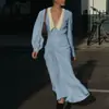 Vestido Francês Longo de Manga Comprida com Lapela Transfronteiriço para Mulheres Estilo Europeu e Americano Verão 2025 Novo Cardigã Acinturado Saia Longa