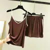 Conjunto de pijama e shorts estilo coreano em modal com blocos de cor para mulheres, conjunto casual fino de verão com bom caimento, adequado para uso ao ar livre