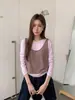 [No hay devoluciones ni cambios] Suéter Falso de Dos Piezas de Punto Fino de Manga Larga con Cuello Redondo para Mujer Chaleco Top Adelgazante Ye034