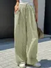 Calça de Verão Nova Europeia e Americana Listrada de Perna Larga para Mulheres 2026, Cintura Alta com Cordão, Solta, Casual, com Bolsos