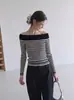 Top de punto a rayas con retazos de color contrastante, hombros descubiertos, manga larga para mujer, diseño de otoño, estilo nicho, adecuado para superponer 8224
