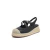 Sandalias de Cuña de Paja Estilo Vacacional con Tira Cruzada y Punta Redonda, Puntera y Talón de Piel de Cabra Genuina para Mujer, Verano 2025, Tacón Medio
