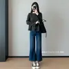 Um salva-vidas para formatos de perna! Calça jeans de cintura alta, com elasticidade em quatro direções, incrivelmente modeladora, alta elasticidade, bordada, levemente flare, comprimento nove pontos, para mulheres, novo estilo de outono