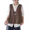Chaleco de Punto con Cuello Redondo y Parche de Encaje Literario para Mujer Primavera 2024 Nuevo Color Sólido Casual Sin Mangas