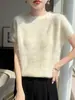Suéter de lana para mujer listo para usar de primera línea, estilo nuevo, borde enrollado, cuello semi-alto, manga corta cepillada, mujer, seda de morera, lana fina, media manga, mujer