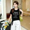 Camiseta de Encaje con Nudo y Cordones para Mujer Verano Cuello Redondo Estampado en Inglés Hombro Caído Adelgazante Manga Corta Estilo Nuevo