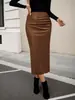 Saia de Couro de Alta Qualidade Amazon Transfronteiriça 2025 Moda Outono Nova Sexy Cintura Alta Justa Fenda Cobre o Quadril