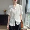 Cardigan de Gola Redonda com Manga Curta para Mulheres, Cor Sólida com Bolsos, Blusa Simples Plissada, Primavera e Outono de 2026, Atacado
