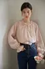 Camisa Feminina Nov Elit Manga Longa com Gola Laço e Babados, Estilo Francês Rosa Elegante de Alta Qualidade