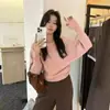 Estilo Delicado Ombro Caído Gola Uma Linha Manga Lanterna Tricô Feminino 2025 Estilo Coreano Solto e Chique Camisa Top