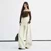 Jeans Lavado Verde Militar de Cintura Alta com Corte Wide-Leg Feminino Outono 2026 Novo Casual Solto Drapeado Calça Banana