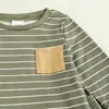 Conjunto Informal de Rayas para Bebé de Primavera y Otoño: Conjunto de dos piezas para bebés: top de manga larga con bolsillo de piel y pantalones jogger con cordón
